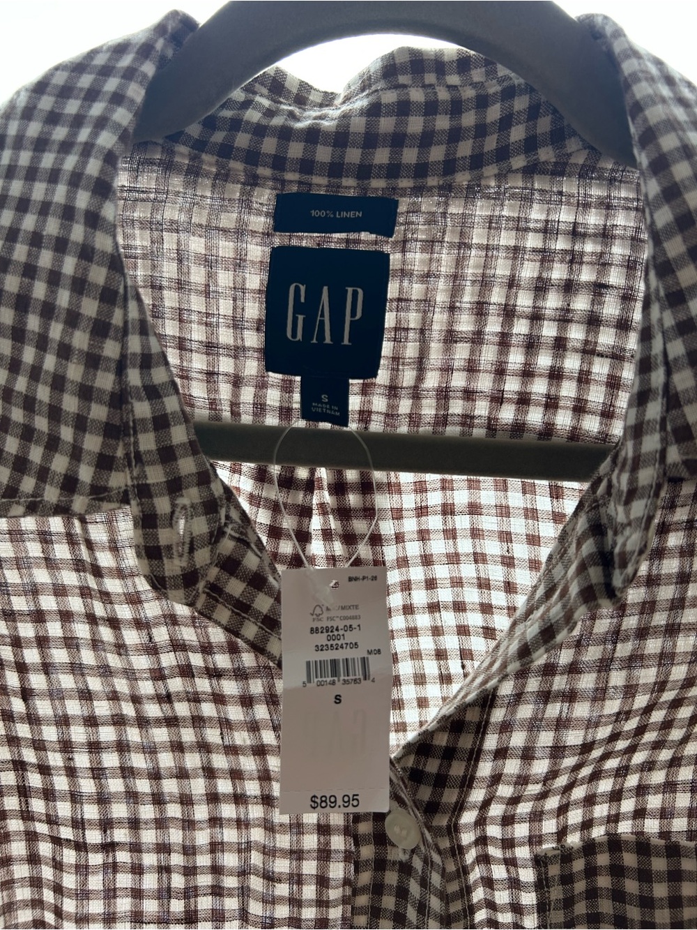 GAP Brown and White Gingham Button-Down Shirt 100% linen - Picture 2 of 2